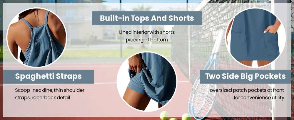 🔥 Women's Summer Sleeveless Mini Dress with Built-in Shorts V Neck Spaghetti Straps Athletic Shorts Tennis Dress with Pockets