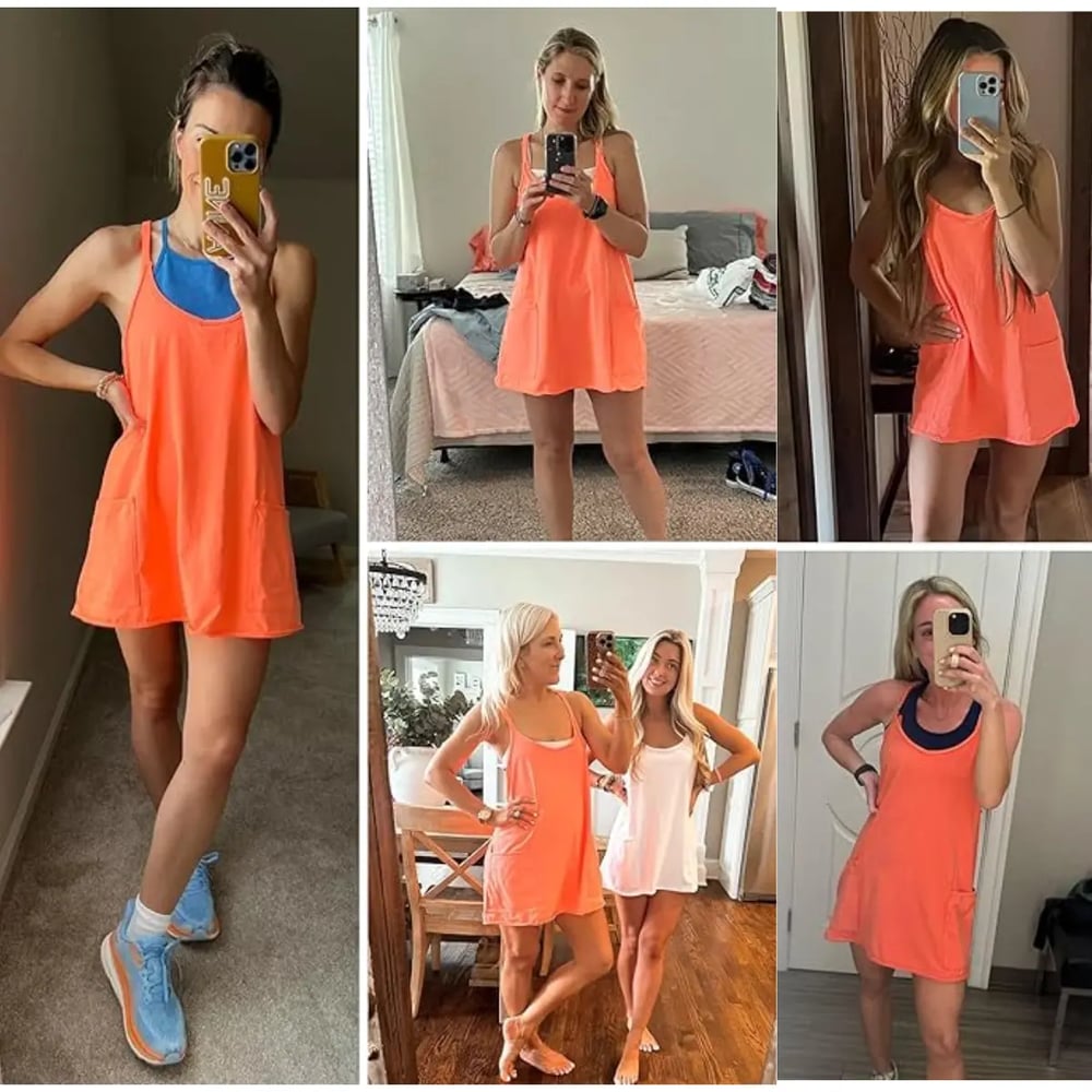 🔥 Women's Summer Sleeveless Mini Dress with Built-in Shorts V Neck Spaghetti Straps Athletic Shorts Tennis Dress with Pockets