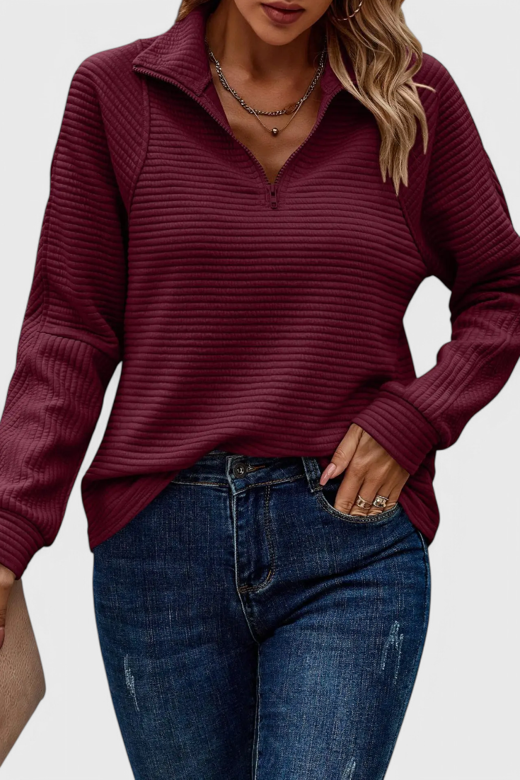 Helene | Jersey de Cuello en V con Cremallera y Manga Larga
