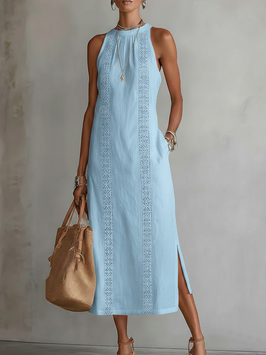 Beatriz | Vestido Midi de Lino con Encaje y Cuello Alto