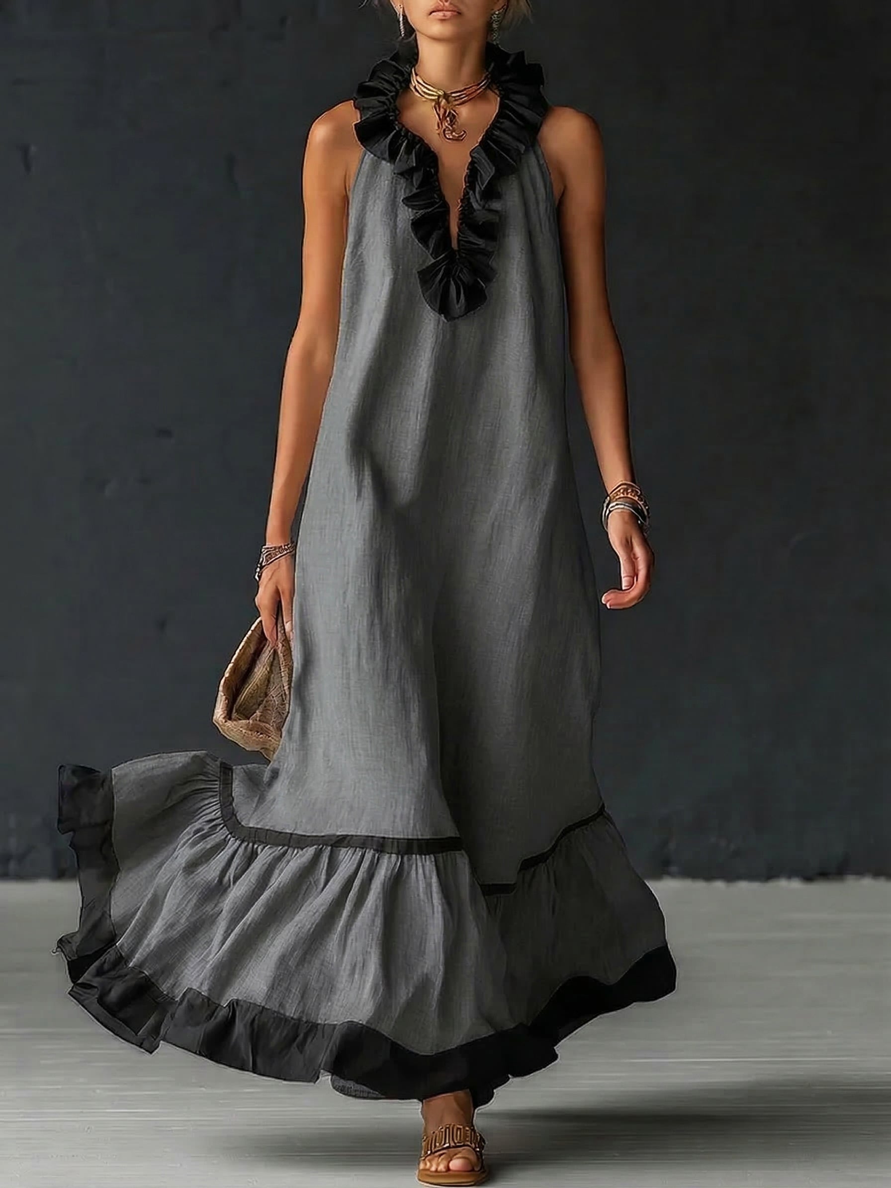 Sofia | Vestido Maxi con Volantes y Detalle Bicolor