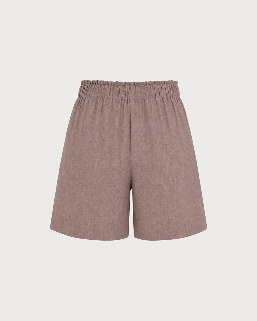 Brown Elastic Waist Pockets Shorts